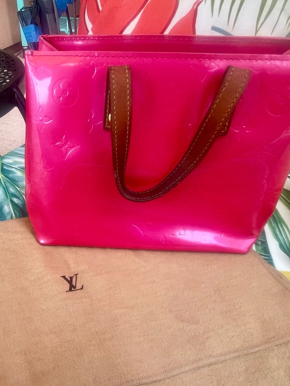 Louis Vuitton Pink Patent Vernis Tote with Brown Handles